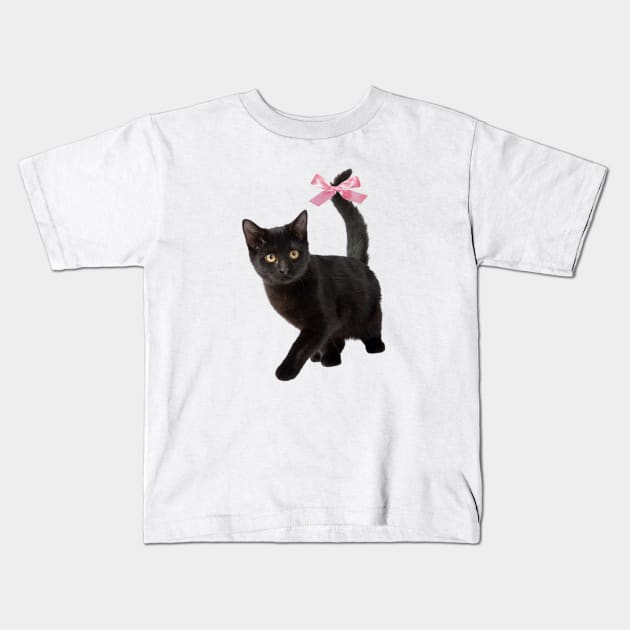 Cat with bow, coquette clothing, 90s Style T-Shirt, Pinterest Aesthetic Clothing, Cat lover Kids T-Shirt by Justin green